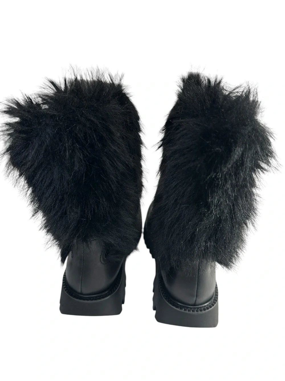 Franco Sarto Brina Black Leather Faux Fur Lug Sole Boots. 6.5M